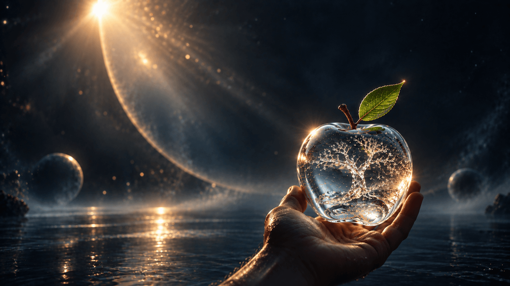 A glass apple glowing with warm light, held in an open hand