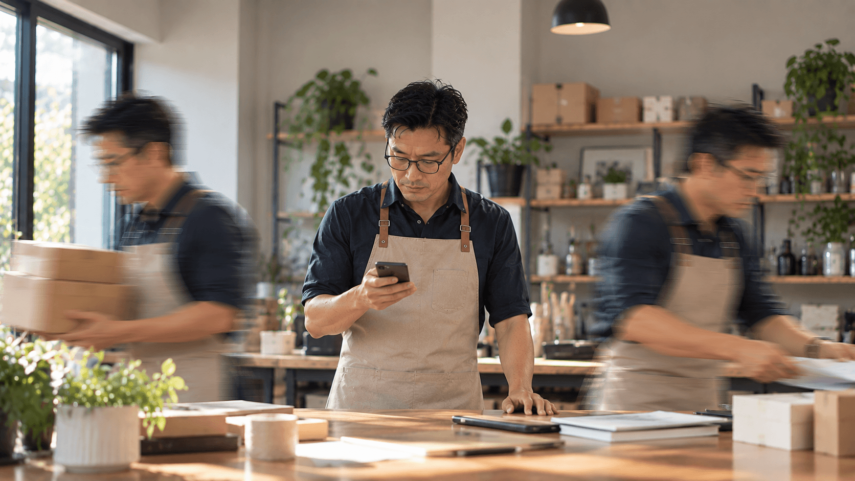 A small business owner shown multiple times in motion, handling several tasks at once