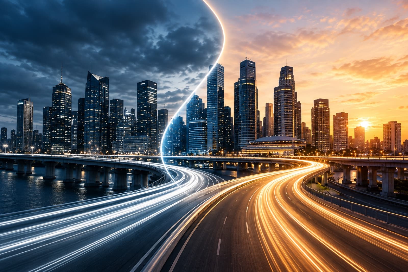 A city skyline at dusk with a road of light trailing forward