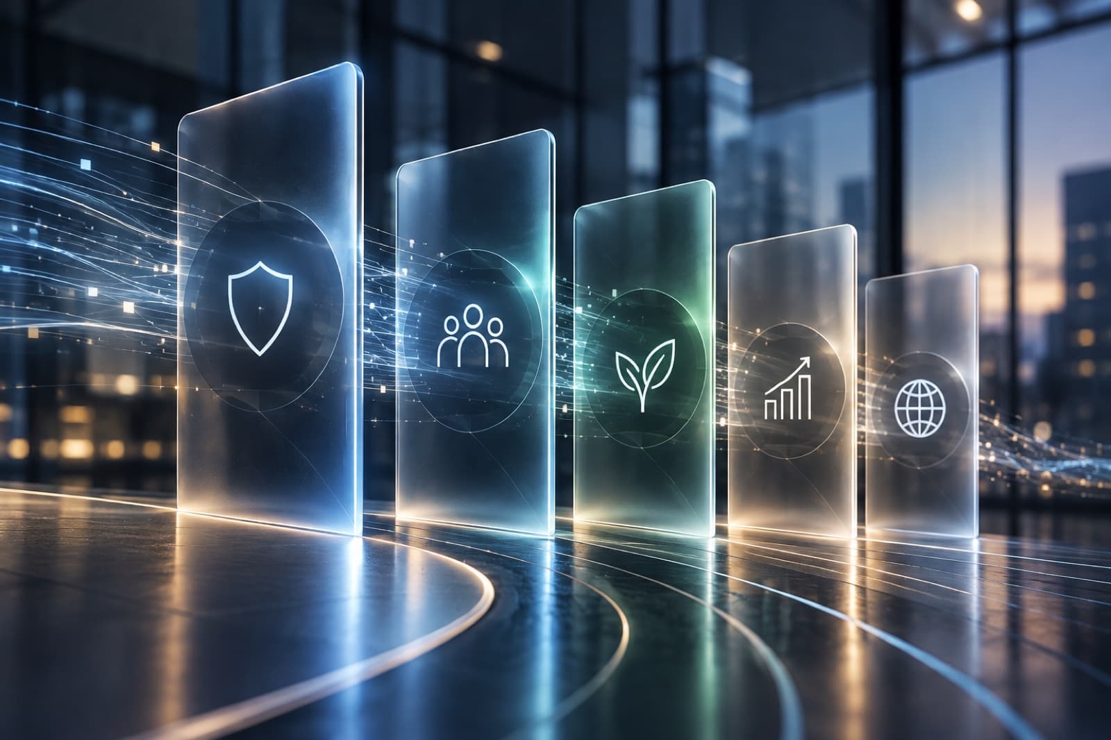 Governance, people, sustainability and compliance represented as connected panels