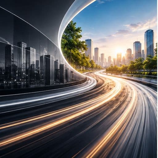 A glass ring opening onto a bright city skyline and road of light