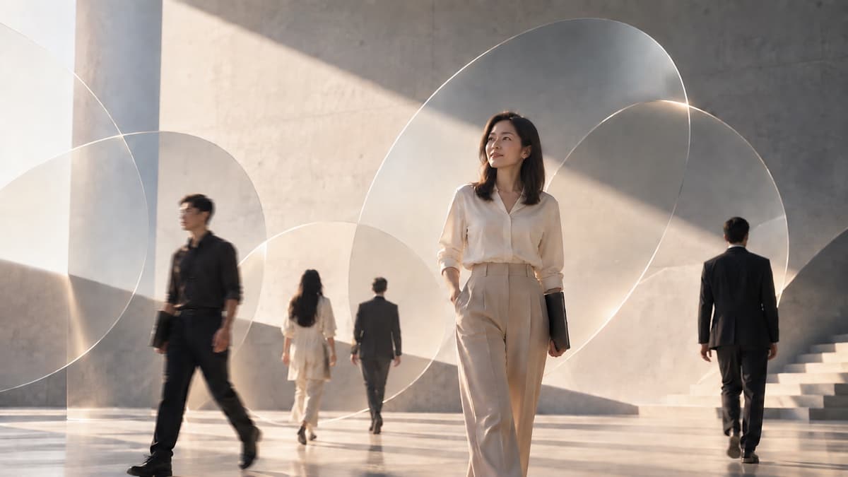 A confident professional walking through a sunlit space with ring-shaped glass panels