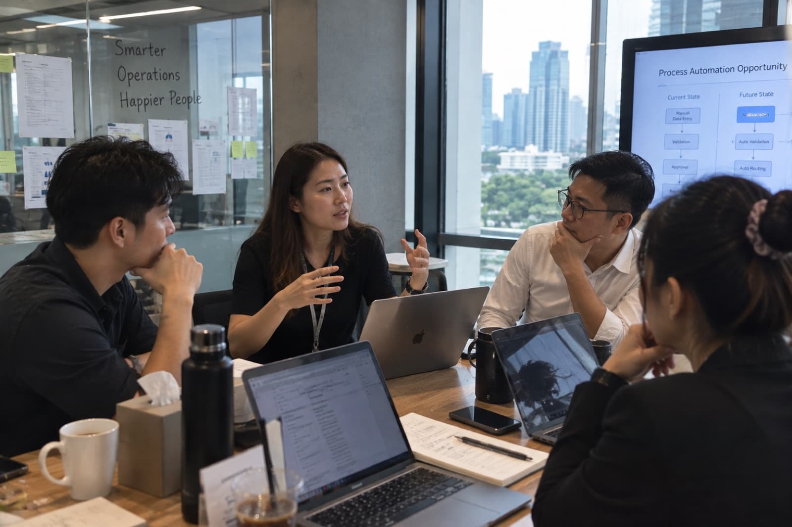 A team reviewing a process automation roadmap, comparing current state and future state workflows on screen