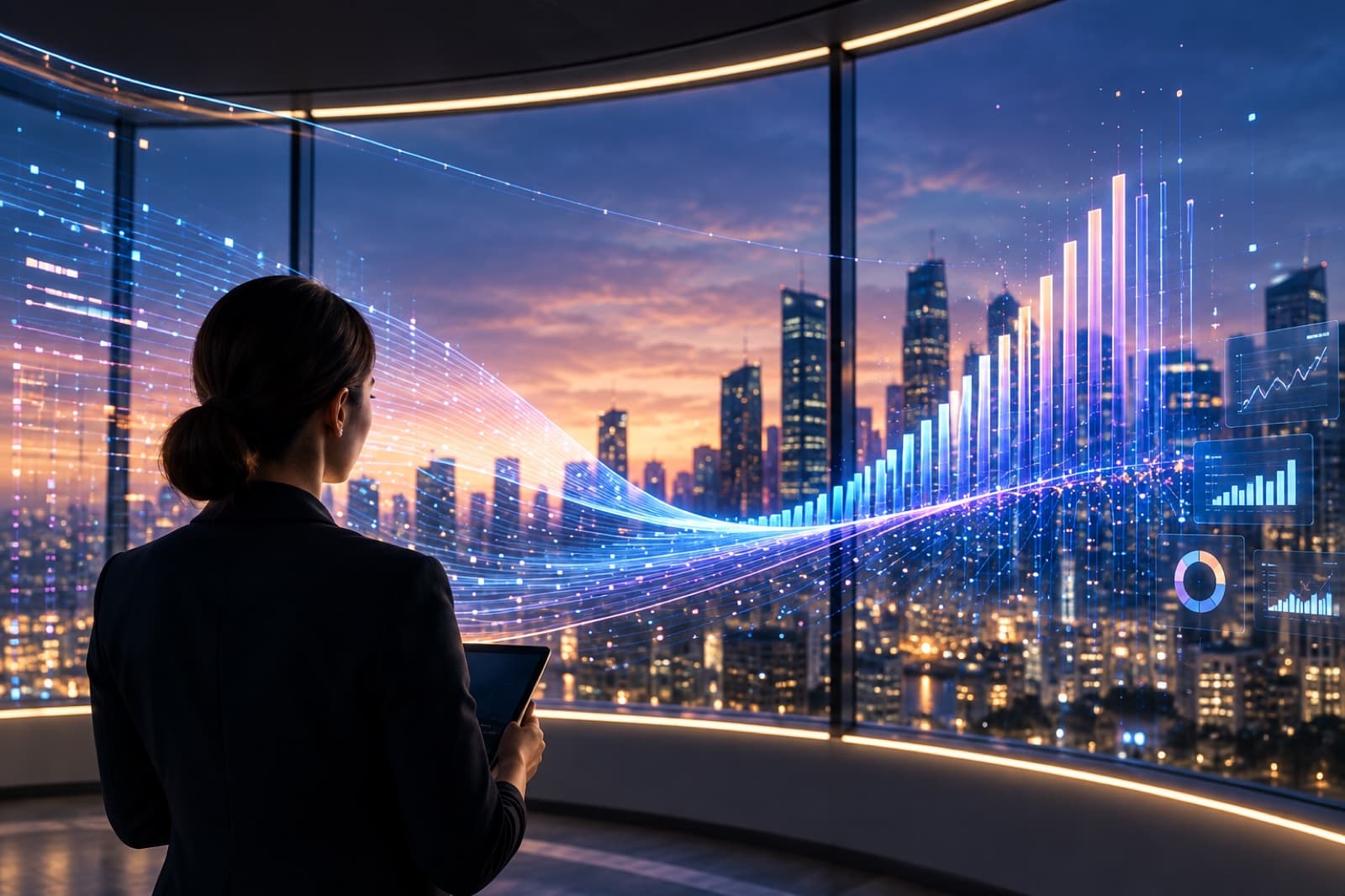 A consultant reviewing live data against a city skyline at night
