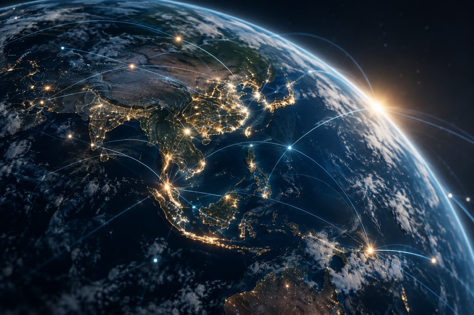 A glowing global network of connected points across the world