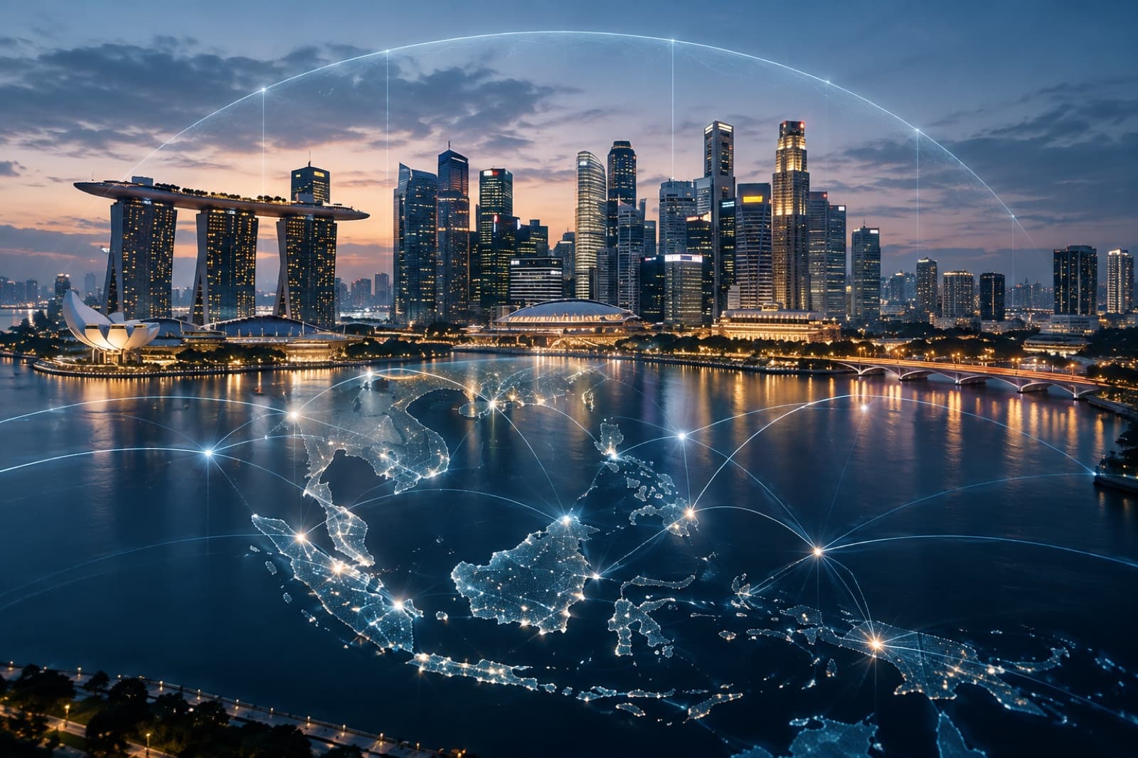 Singapore's skyline at the centre of a connected map of Southeast Asia