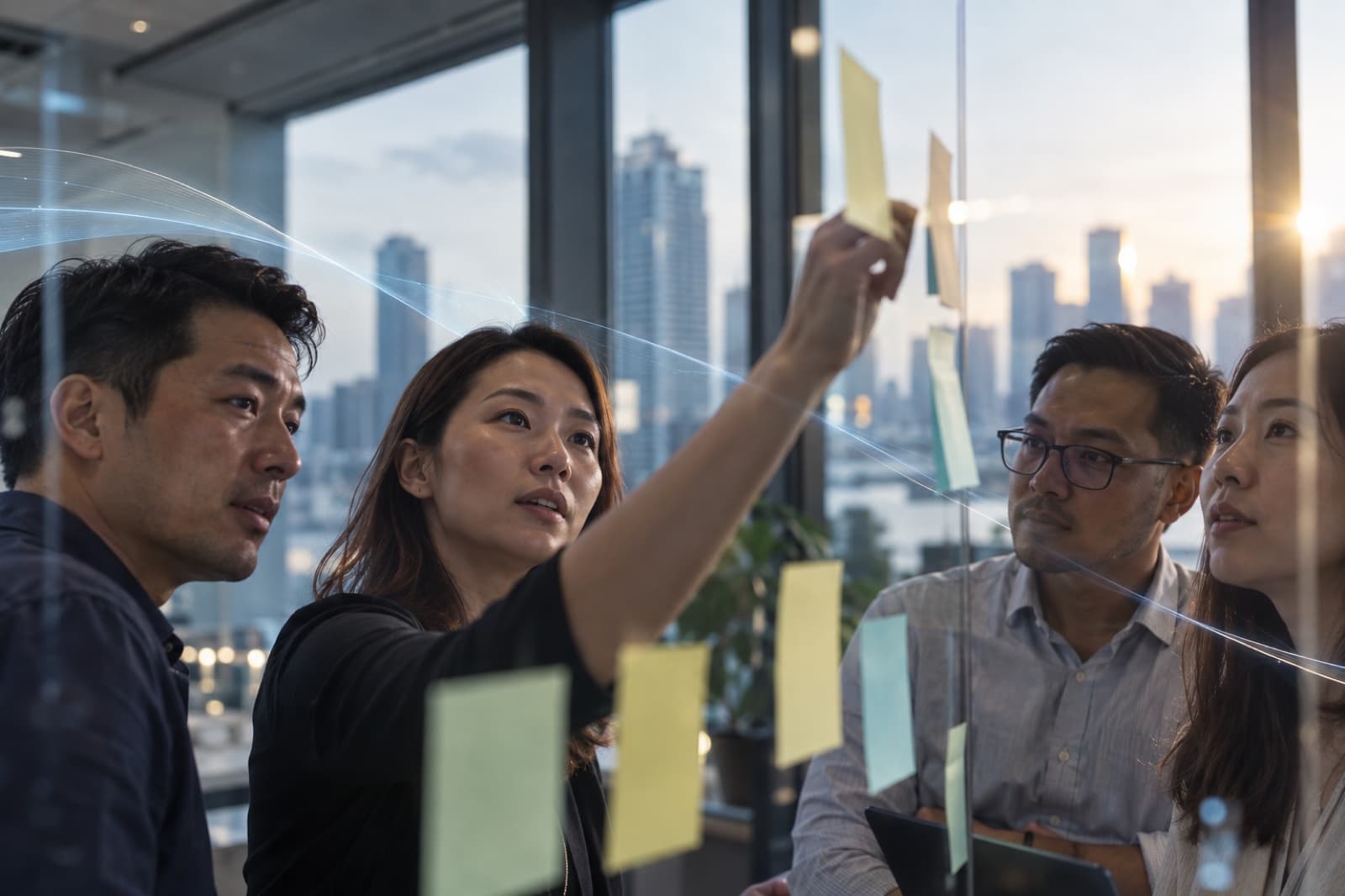A team working through a strategy discussion together at a glass wall